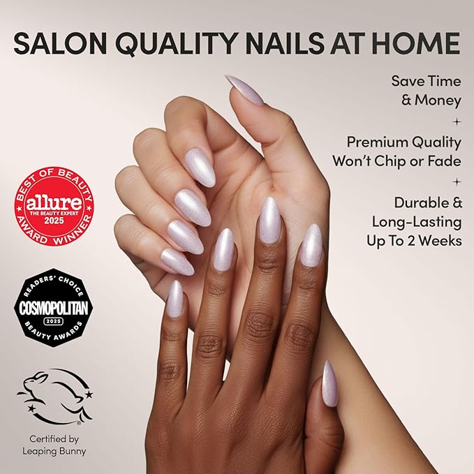 Glamnetic Press On Nails - Selenite | Soft White Sparkle Short Almond Fake Nails with a Glossy Finish, Salon Quality | 15 Sizes - 30 Nail Kit with Glue