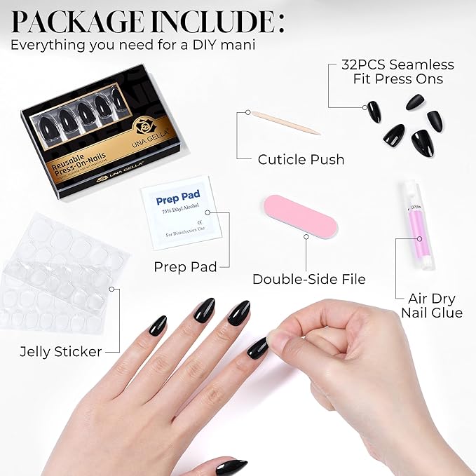 UNA GELLA 32Pcs Soft Gel Press on Nails - 16 Sizes Almond Glue on Nails, Reusable Black Solid Color False Nails, Full Cover Acrylic Nail Kit for Women DIY Home Manicure