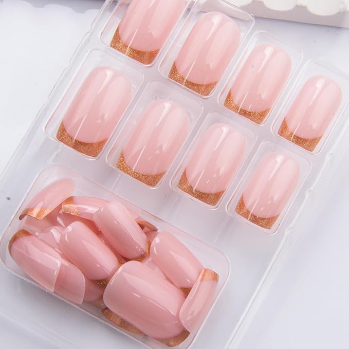 French Tip Press on Nails Medium Square Fake Nails Gold Glitter Nail Tip False Nails Glossy Chrome Acrylic Nail Nude Full Cover Glue Stick on Nail for Women Manicure 24Pcs