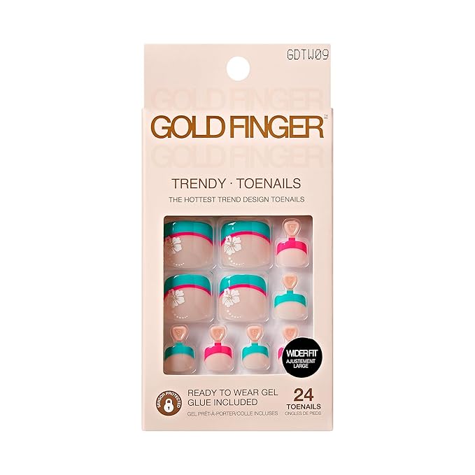 GoldFinger 24 Pcs Press On Toenails, Wide Fit Fake Nails, French Tip Gel Stick On Extensions, Reusable DIY Pedicure False Nail Kit with Glue, Cuticle Stick & File, 7 Day Long Lasting Wear