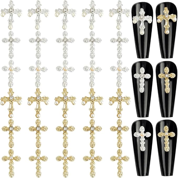 CRASPIRE 60Pcs 6 Style Cross Nail Charms 3D Y2K Metal Alloy Rhinestone Pearl Flat Nail Gems Set Gothic Vintage Punk Studs Decor for Women Nail Art DIY Jewelry Cellphone Crafts Christmas Decorations