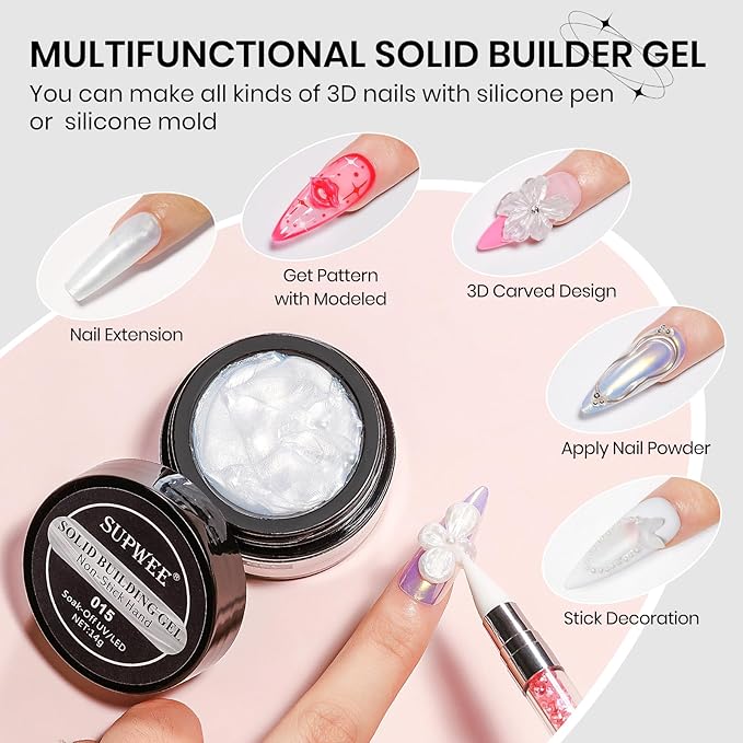 Pearl White Solid Builder Gel for Nails with 3D Flowers Nail Mold Extension Molding 3D Nail Art Gel Soak Off UV Gels