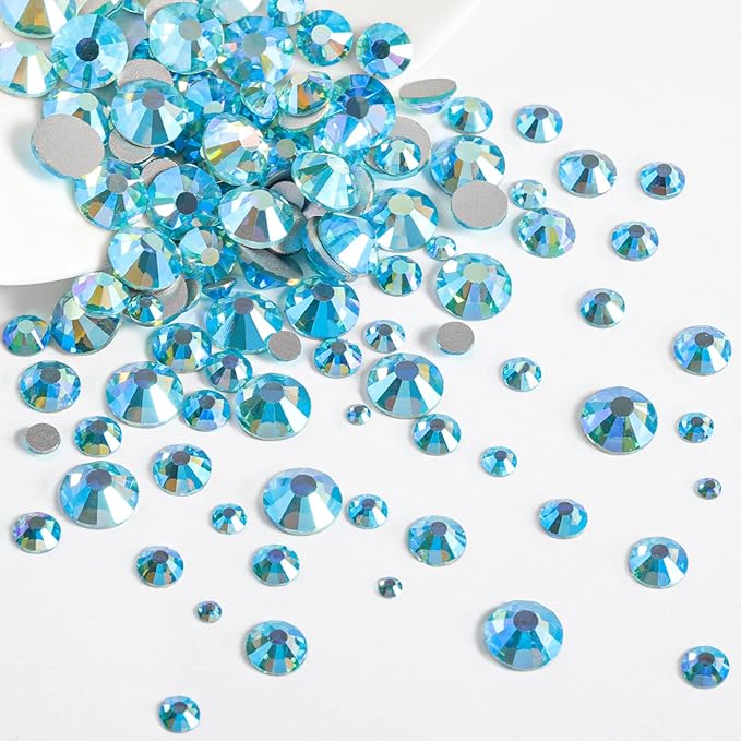 Beadsland Rhinestones for Makeup,8 Sizes 2500pcs Blue AB Flatback Rhinestones Face Gems for Nails Crafts with Tweezers and Wax Pencil,Aquamarine AB,SS4-SS30