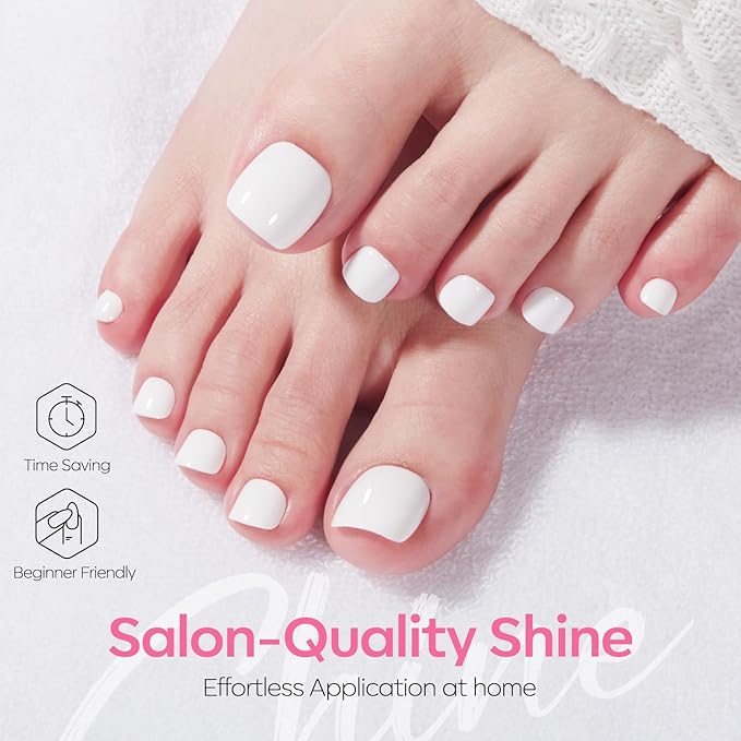 Modelones Press on Toenails Short, White Toe Press on Nails Square, Reusable Nail Kit with Nail Glue Adhesive Tabs Mini Nail File, Toe Nails 36Pcs 18Sizes, Spring Women Girl Gift