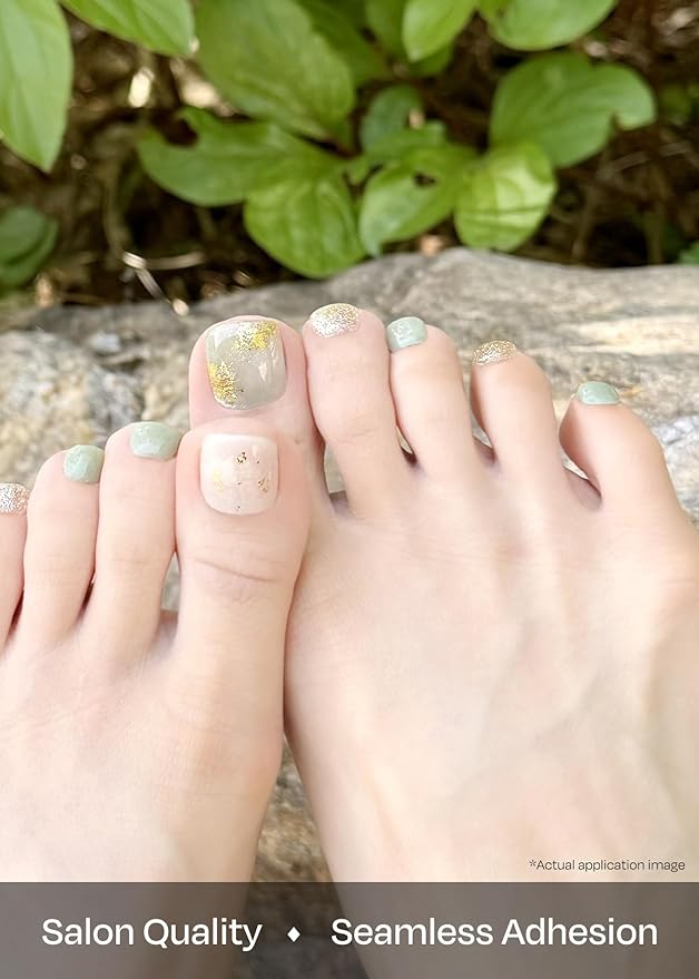 ohora Semi Cured Gel Pedi Strips (P Komorebi) - Green, White, Works with Any UV/LED Lamps, Salon-Quality, Long Lasting, Easy to Apply & Remove - Includes 2 Prep Pads, Nail File & Wooden Stick