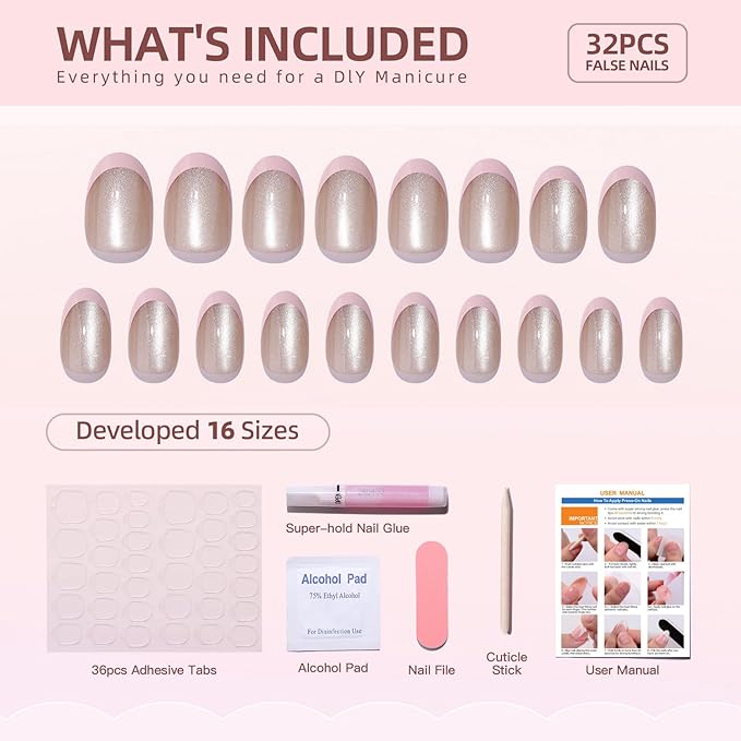 Pink French Tip Soft Gel Press on Nails Short Almond Cats Eyes Fake Nails Designs Bling Acrylic Nails Full Cover Stick on Nails Glossy Thickened False Nails with Nail Glue for Women's Daily
