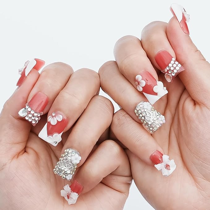 Handmade Press on Nails Short Duck 3D White French Tip with V Design 3D Bow Flower Rhinestones Charms Nude Base Elegant Sturdy Art Pink 10 Pcs False Nails Set (Soft Pink Ivory Bow,M)
