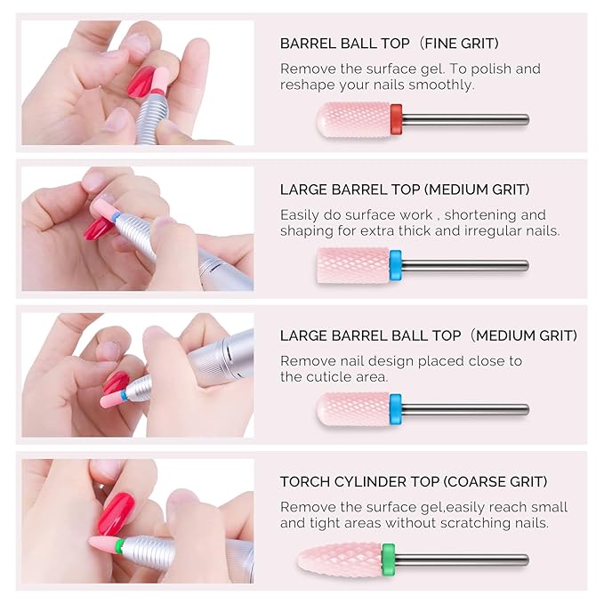 MelodySusie Ceramic Nail Drill Bits Set, 3/32'' (2.35mm) Professional Acrylic Nail File Drill Bit for Manicure Pedicure Cuticle Gel Nail Polishing, 4Pcs, Pink