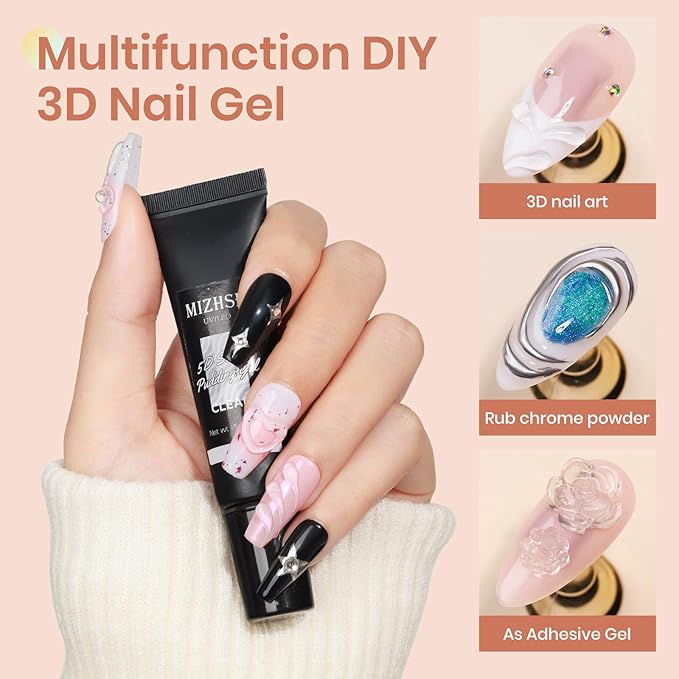 MIZHSE 3D Gel Nail Art, 2 Pcs 15g Clear Sculpting Gel Glue for Molding, Drawing, Charms & Gems, Chrome Powder, Rhinestone Design, No Wipe Nail Polish for DIY Nail Art