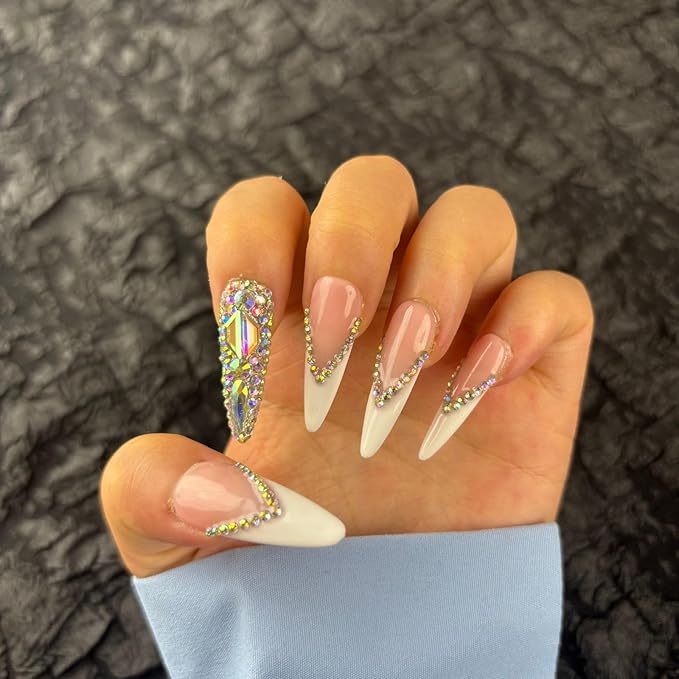 French Tip Press On Nails Long Stiletto,10 Pcs Handmade Acrylic Fake Nails Press Ons Salon Design Stick On Nails,Luxury UV Gel Glue On False Nails with 3D Rhinestone (Middle Size)