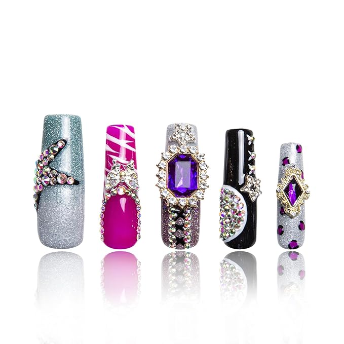LOVFUL Press on Nails Jungle Gems| Handmade with Full Covered Crystals| Reusable Fake Nails| Square Mid length 1.7in| H267-M