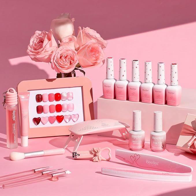 Beetles 30 Pcs Gel Nail Polish Kit with U V Light - 6 Colors Red Cat Eye Gel Polish Set Pink Jelly Glitter Sweet Date Collection with Heart Magnet Manicure DIY Salon Gifts for Mom Women Teens Girls
