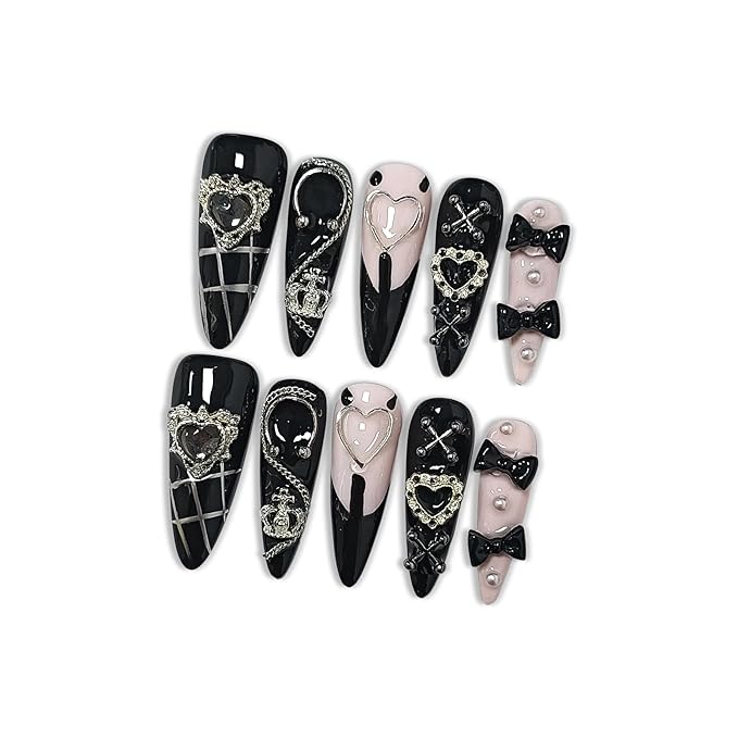 Gothic Y2K Press on Nails, Long Stiletto Glossy Black & White Nails, Silver Gothic Charms, Black Rhinestones & 3D Hand-Painted Art, Salon Nails Edgy Style for Nightlife & Concerts (Size XS)