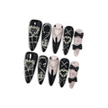 Gothic Y2K Press on Nails, Long Stiletto Glossy Black & White Nails, Silver Gothic Charms, Black Rhinestones & 3D Hand-Painted Art, Salon Nails Edgy Style for Nightlife & Concerts (Size S)
