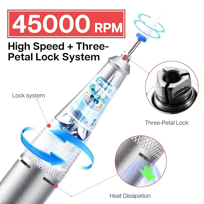 Professional Nail Drill with Charging Dock & Ceramic/Tungsten Bits, 45000RPM Stepless Speed Cordless Efile for Fast Acrylic Gel Removal, Electric Nail File Machine for Home Salon Use (White)