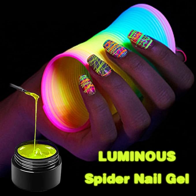 Vtrem 8ML 6 Colors Spider Gel Set with 5 PCs Double Ended Point Drill Drawing Brush Pen + Nail Rhinestones, Matrix Gel with Gel Paint Design Nail Art Kit Wire Drawing Nail Gel for Line