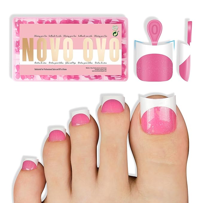 NOVO OVO Halloween Short Toe Nail Tips White French Tip with Moon Curve, ROSE PINK Thick Sharp Square Toenail Extension, Soft Gel False Nail Kit, Need Glue Builder Gel Top Coat x 15 Sizes 240 pcs