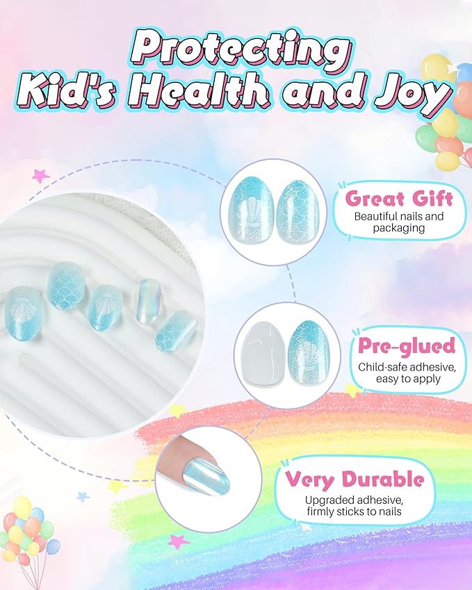 Cute Press on Nails for Kids,Girls Trendy Stuff Fake Nail Kit for Ages 5-12, Pre-glue Glitter Short Acrylic Nail Stick on Nails, Great for Girl Birthday Gifts, Parties&Makeovers Decoration