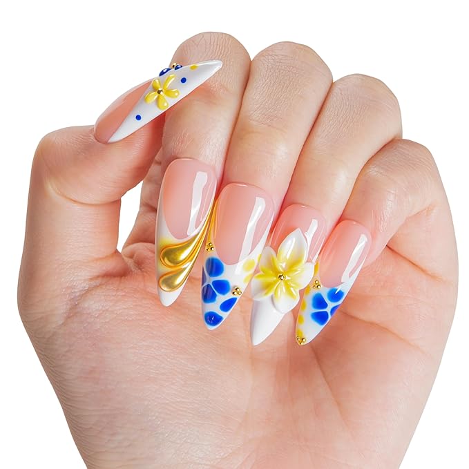 LOVFUL Short French Tip Press on Nails Morning Dew | Handmade Acrylic Press ons| Reusable Fake False Nails | Stiletto Classic Regular 1.3in | H696-S