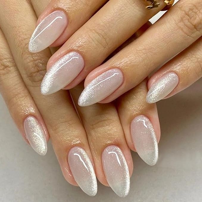 Modelones Cat Eye Press on Nails Almond, Spring Short Fake Nails, Reusable Nail Kit with Nail Glue Adhesive Tabs Mini Nail File, Nails Press Ons 32Pcs 16 Sizes, Women Girl Gift