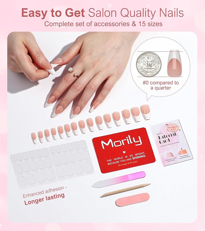 Morily Light Pink White French Tip Press on Nails, 30Pcs Long Coffin Thicker Fake Nails Reusable False Nails with Design, Glossy Acrylic Stick on Nails for Women, 15 Sizes, Include Glass File