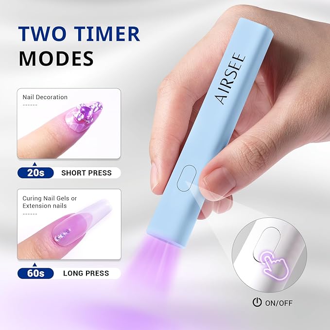 AIRSEE Mini Handheld UV Light,Portable Rechargeable Nail Lamps,2 Timers for Fast Nail Extension,Rhinestone Glue Decoration,Gel Strips at Home,Travel(Blue)