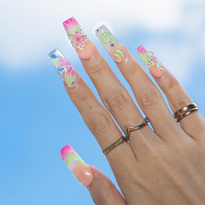 LOVFUL Short French Tip Press on Nails Flower Child | Handmade Acrylic Press ons | Reusable Fake False Nails | Square Classic Regular 1.3in | H607-M