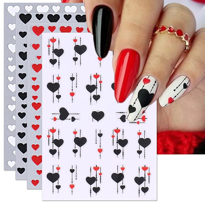 Valentine's Day Nail Art Stickers - Sexy Red Black Heart Nail Decals, Self-Adhesive White Love for DIY 3D Nail Supplies Decoration (4 Sheets)