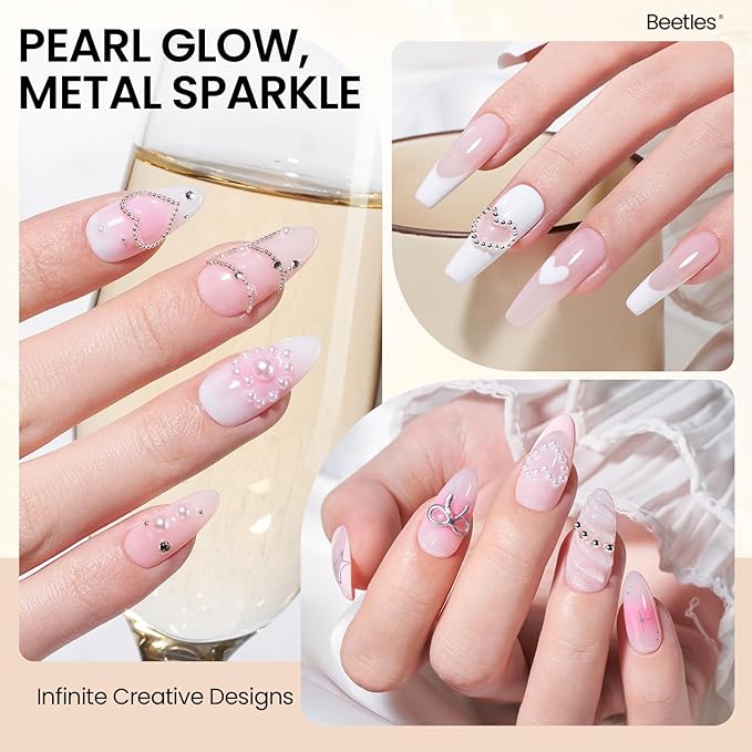 Beetles 3D Nail Charms Gold Silver Nail Beads and White Pearl with 15g Rhinestone Glue Tweezers Pick-up Pencil for Nails Art Metallic Round Caviar Beads White Flatback Pearls Manicure Accessories
