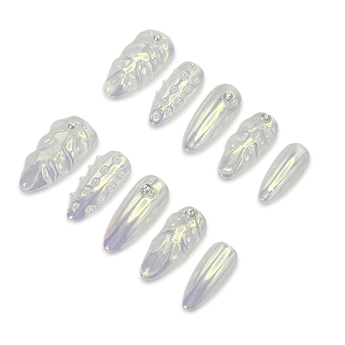 Handmade 3D Press On Nails Short Oval - 10Pcs Chrome Pearl Reusable Acrylic False Nails with Luxury GeL Charms Salon Design, Stick On Nails for Women Girls Gift (001, S)