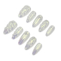 Handmade 3D Press On Nails Short Oval - 10Pcs Chrome Pearl Reusable Acrylic False Nails with Luxury GeL Charms Salon Design, Stick On Nails for Women Girls Gift (001, S)