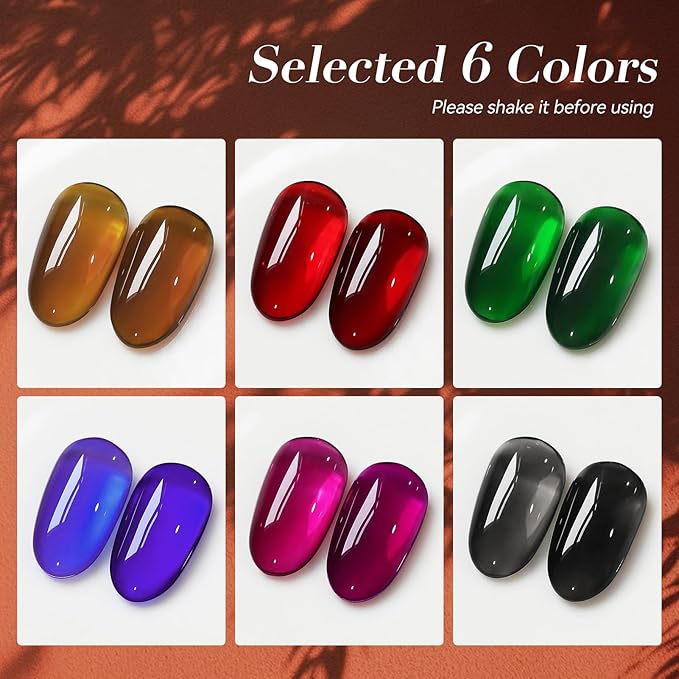 Born Pretty Jelly Gel Nail Polish Brown Red Green Black Blue Purple Sheer Transparent Crystal Gel Nail Polish Kit Fall Winter Soak off Nail Polish for Manicure DIY Home Salon 7ML 6Colors
