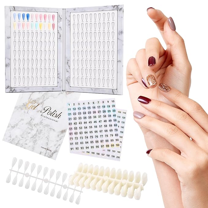 160 Nail Color Display Book with 240 Nail Tips & Number Stickers (1-200) - Professional Color Swatches Book Display Chart