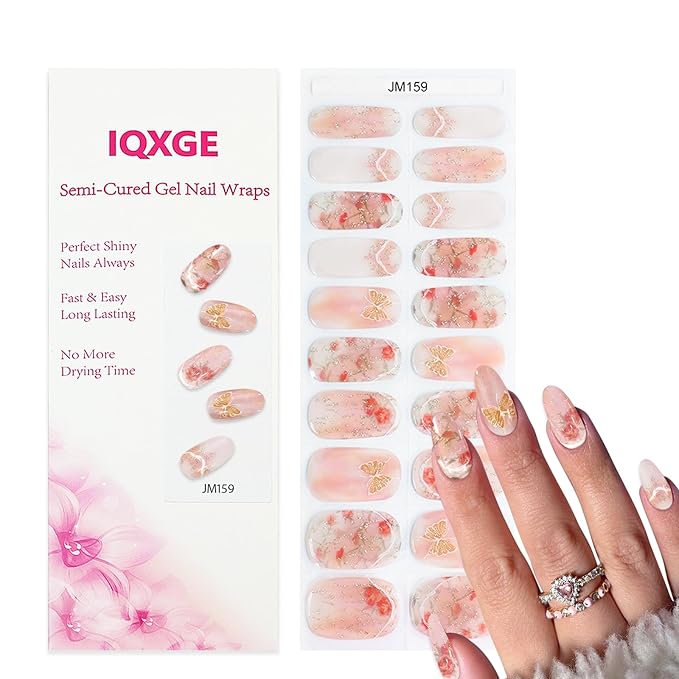 20Pcs Pink Semi Cured Gel Nail Strips Rose Flower Summer Gel Nail Stickers with Butterfly Design Self Adhesive Glitter Nails Wraps UV/LED Light Needed Glossy Nails Polish Strips for Women