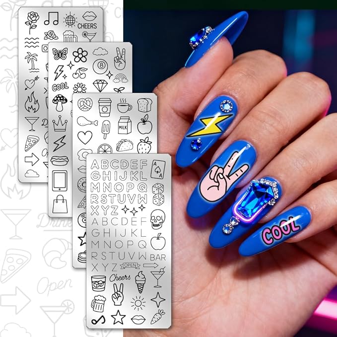 PH PandaHall 4pcs Neon Elements Nail Stamping Plates Flower Letters Nail Art Templates Start Heart Manicure Art Stencils Musical Notes Food Nails Design Stamp for DIY Women Manicures Salon Printing