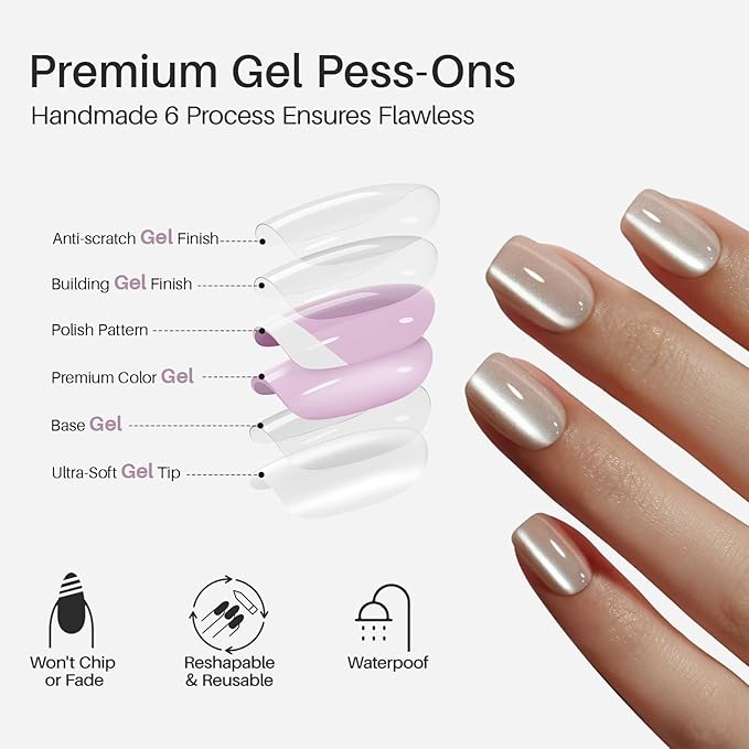 Cat Eye Nude Press on Nails Square - SHANGMENG Soft Gel Press on Nails Short for Women Gift, Fit Perfectly & Natural Stick on Nails with Glue in 16 Sizes - 32 Reusable Fake Nails, Light Nude