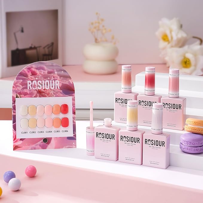 6PCS 18ml TPO Free Jelly Gel Nail Polish Set- Hema Free Milky White Pink Nude Soak off Gel Polish Set with Swatch Board - Same Color Same Bottle Gel Colors Nail Art Salon DIY at Home for Women Girl