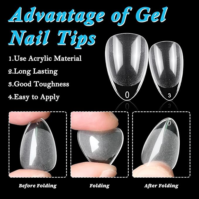 LoveOurHome 600pc Almond Fake Nails - Soft Gel Clear Press-on Short Acrylic Extension Tips, XS Stiletto Full Cover False Artificial Fingernail Tips