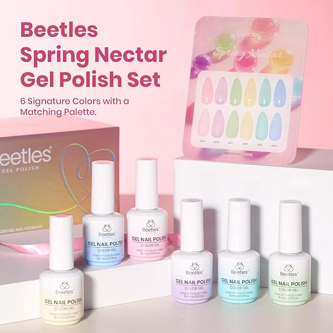 Beetles Spring Nectar Jelly Gel Nail Polish Set - 6 Colors 15ML Pastel Gel Polish Kit Pink Purple Blue Mint Green Yellow Sheer Translucent Effect Soak Off UV Nail Art Manicure Gift for Women