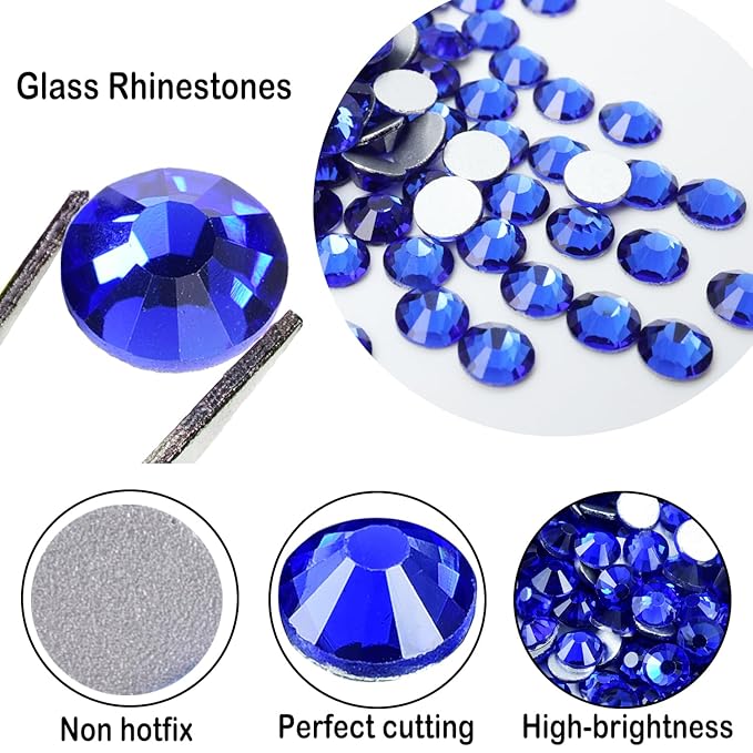 Flatback Glass Rhinestones,Bedazzler Gems 1440pcs Non Hotfix Crystal Rhinestones for Nail Charms Crafts Clothes Tumblers,Sapphire,SS16