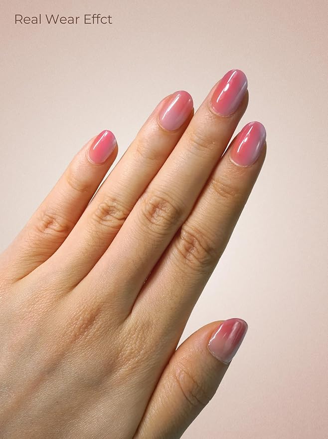 Pre Cured Gel Nail Strips - 44PCS Salon Quality Gel Nail Stickers - Long Lasting Polish Wraps for Women no UV Light Needed Easy Apply & Remove (Shimmer Pink)