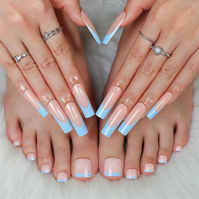 48Pcs Blue French Tips Press on Nails Nude Pink Press on Toenails Medium Long Square Stick on Nails with Designs Full Cover Pink Fake Nails Glossy Summer False Toenails for Women Girls DIY Manicure