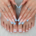 48Pcs Blue French Tips Press on Nails Nude Pink Press on Toenails Medium Long Square Stick on Nails with Designs Full Cover Pink Fake Nails Glossy Summer False Toenails for Women Girls DIY Manicure