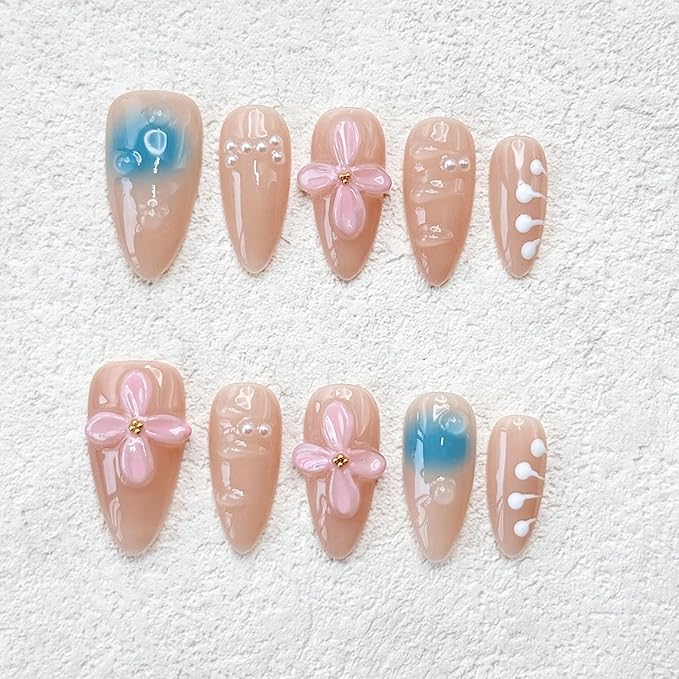 Handmade Press on Nails Medium Almond Nude Thick Fake Nails with Glue,3D Pink Flower Art False Nails with Design Reusable Nature Acrylic Nails for Wome (Size M)
