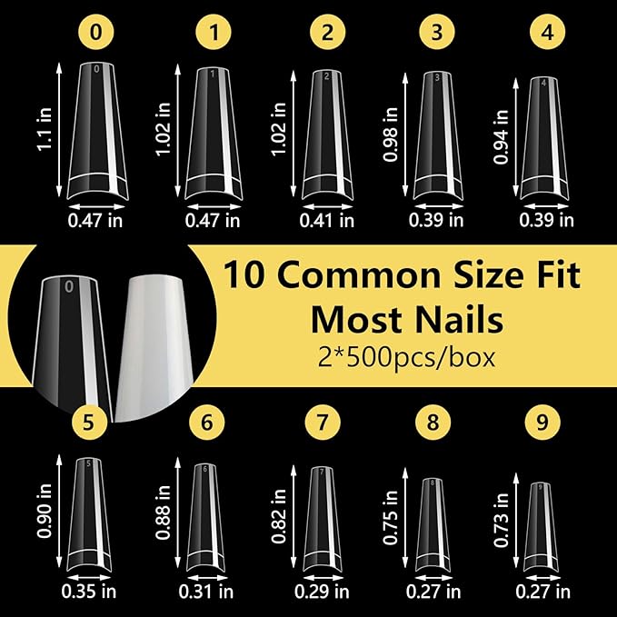 Yokilly 1000PCS Coffin Nail Tips and Glue, Clear Natural False Acrylic Nail Tips, Half Cover 10 Sizes French Artificial Nail Tips Manicure with Nail Clipper, Nail Files and Glue for Dip Powder