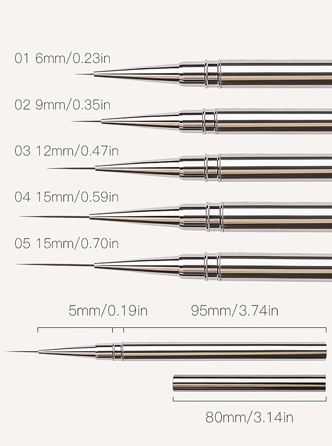 5Pcs Nail Art Liner Brushes Set, Metallic Nail Art Brush for Long Lines, Thin Details, Fine Drawing, UV Gel Polish Painting Nails Design Pen for Manicure Brushes 6/9/12/15/18mm