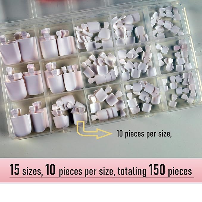 White Toe Nail Press Ons, 150pcs Square Pre-Designed Soft Gel Thick False Toenail Extension for Women, Fake Full Cover Acrylic Nails for DIY 15 Sizes