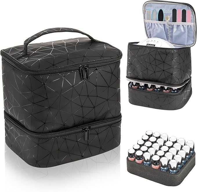 ZOOFOX Nail Polish Organizer Case, Double-Layer Nail Polish Carrying Bag with Handle, PU Leather Nail Organizers and Storage Bag for Manicure Accessories