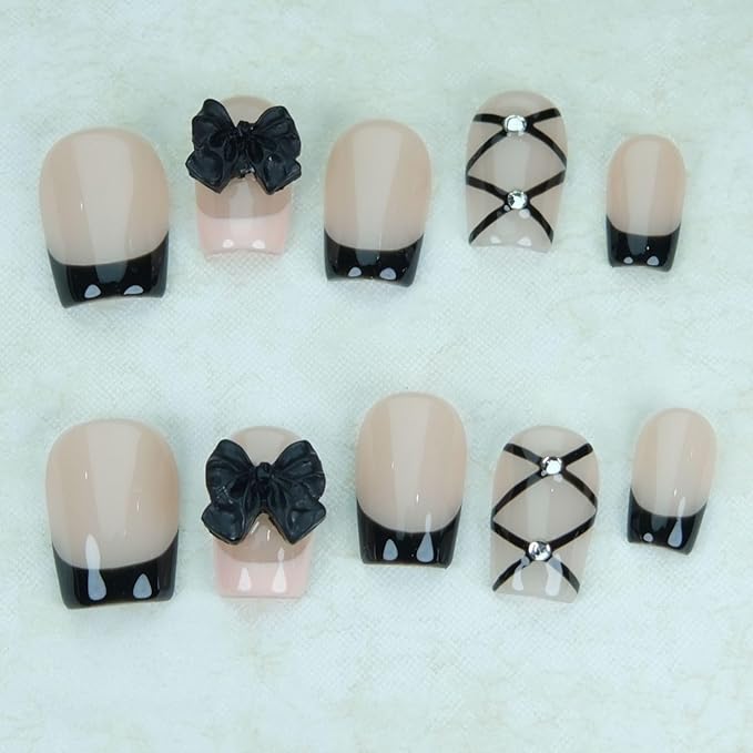 French Tip Press On Nails Short Fake Nails Handmade False Nails Black Bow Hand-Painted Nail Charms,Square Acrylic Nail Kit Gel Nails,Reusable Stick on Nails for Women 10pcs M