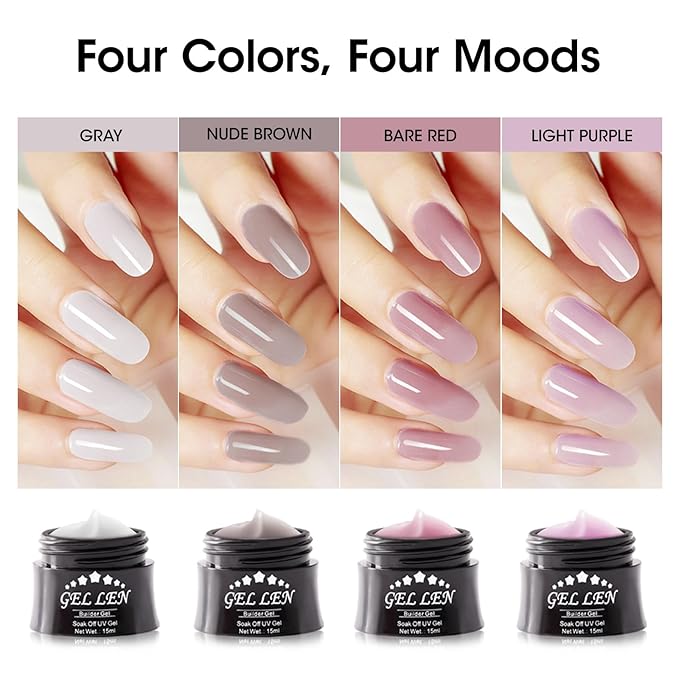 Gellen Builder Nail Gel - 4 Colors Nail Extension Gel Set Nude Gray Brown Purple Hard Gel Builder Nail Strengthener Nail Art Manicure Set
